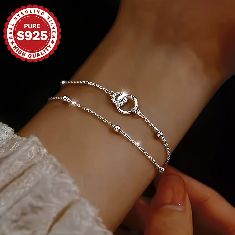 Elegant 925 Sterling Silver Double-Layer Circle Bracelet with Cross Beads – Hypoallergenic 2.6g Jewelry, Perfect Gift for Her, Daily Wear & Valentine’s Day Accessory