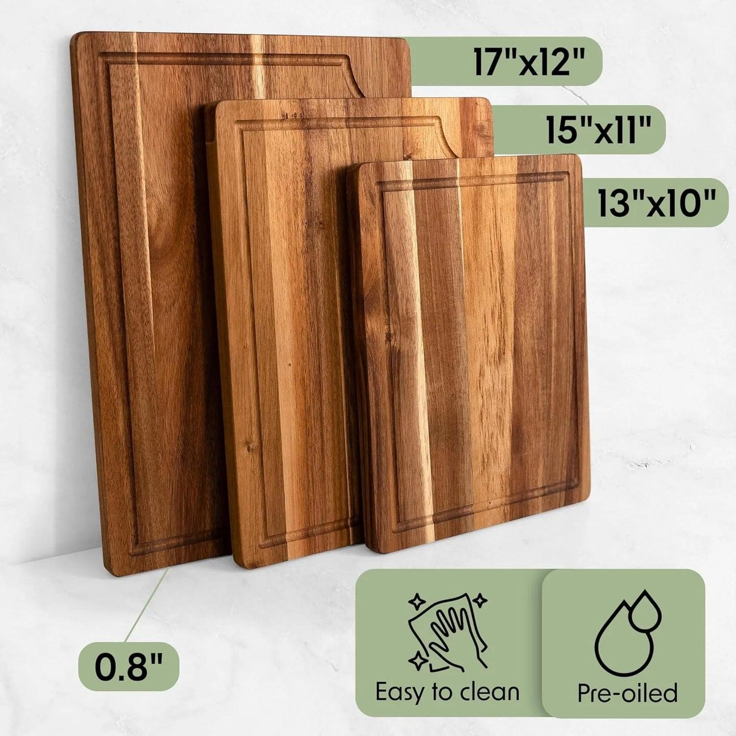 Acacia Wood Cutting Board Set – 3-Piece with Holder, Non-Slip Pads & Juice Grooves