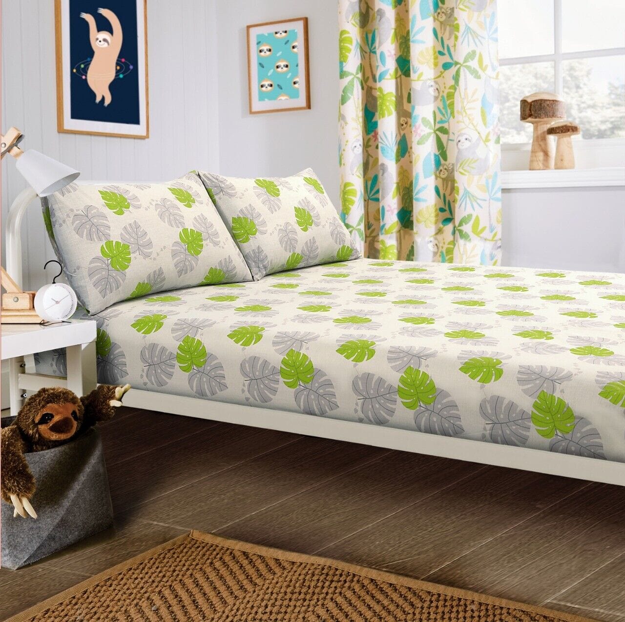 Lazy Sloth Kids Duvet Set Soft Cotton Blend Bedding with Pillowcase and Matching Curtains OEKO-TEX Certified Available in Single and Double Sizes by OLIVIA ROCCO