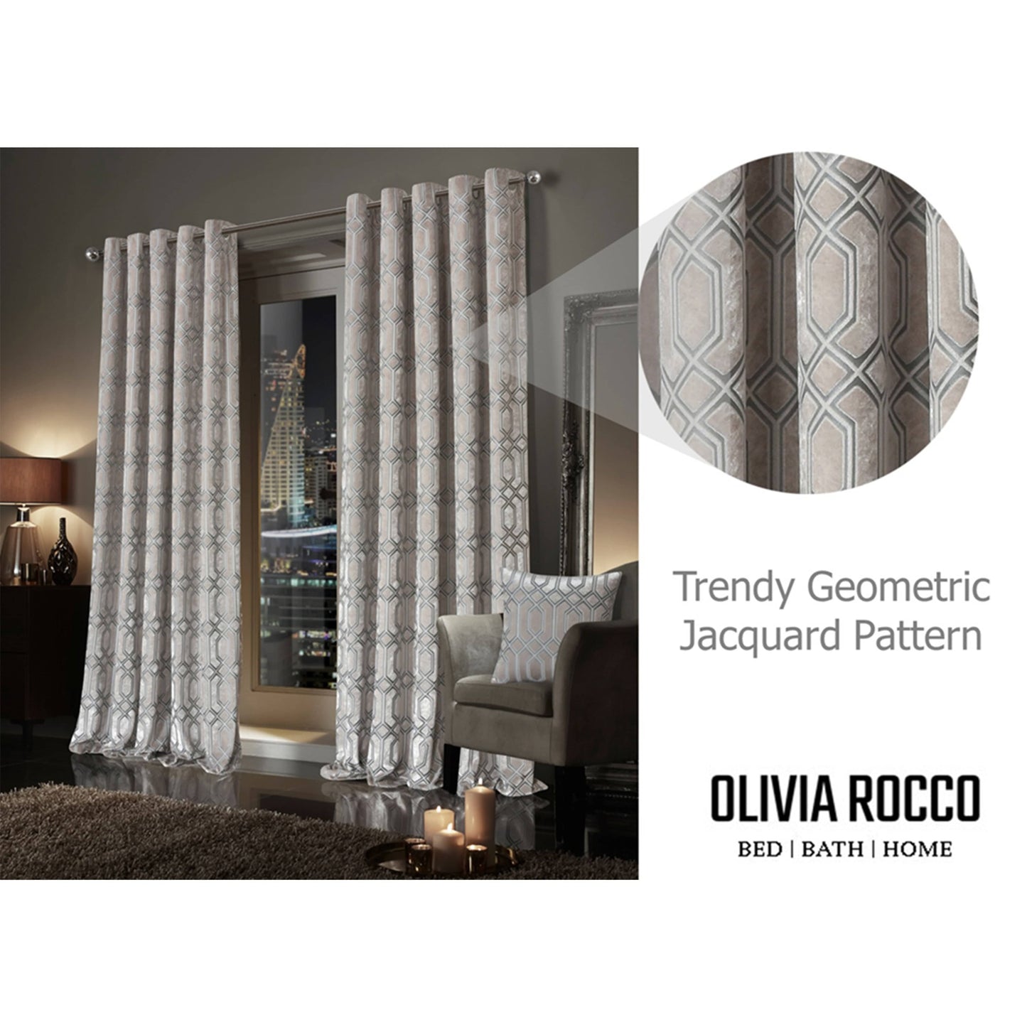 Luxe Geo Velvet Eyelet Curtains Champagne Thermal Insulated Soundproof Light Blocking Drapes for Bedroom & Lounge by OLIVIA ROCCO