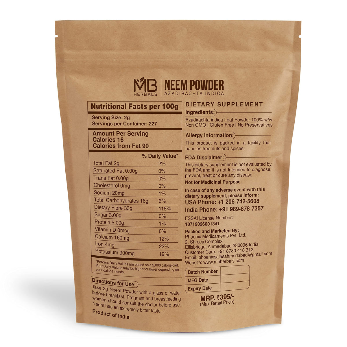 MB Herbals Neem Powder 454g – Wild Crafted Neem for Skin & Hair Care