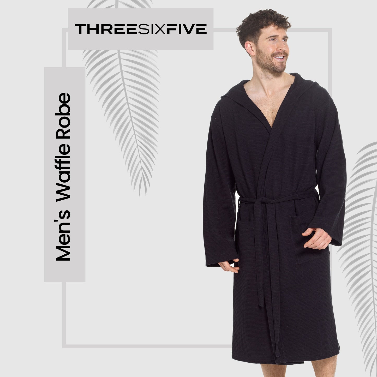 OLIVIA ROCCO Men's Hooded Waffle Cotton Bathrobe Black Super Absorbent Spa Robe Luxury Dressing Gown For Home And Loungewear