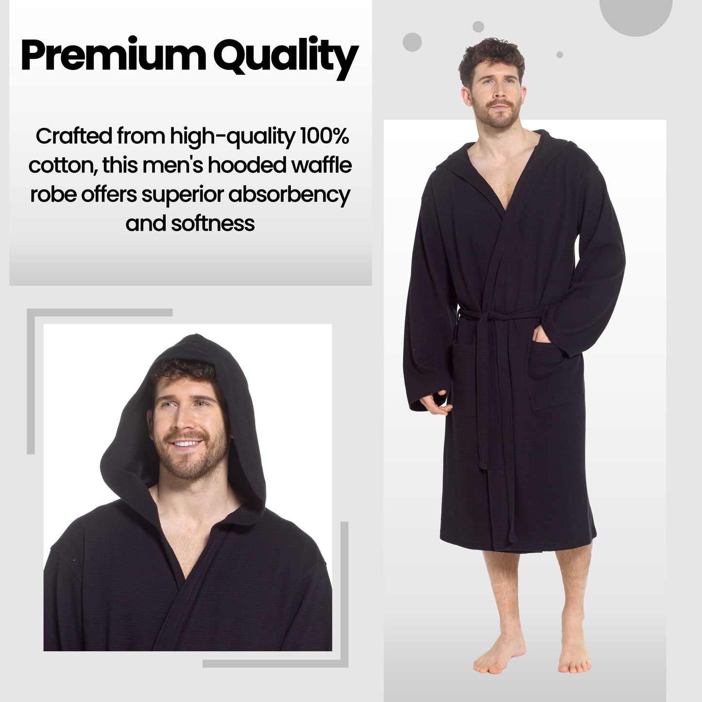 OLIVIA ROCCO Men's Hooded Waffle Cotton Bathrobe Black Super Absorbent Spa Robe Luxury Dressing Gown For Home And Loungewear