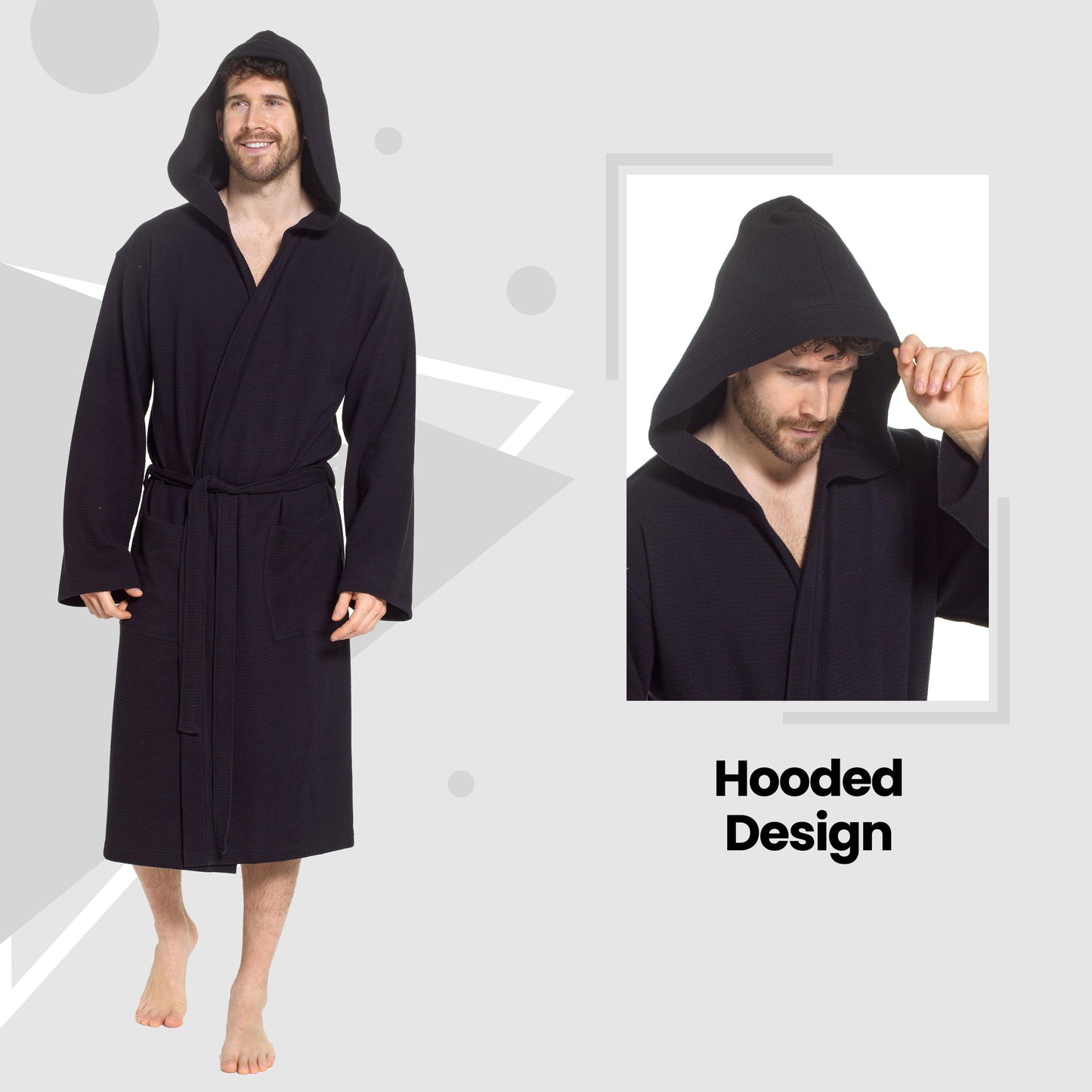 OLIVIA ROCCO Men's Hooded Waffle Cotton Bathrobe Black Super Absorbent Spa Robe Luxury Dressing Gown For Home And Loungewear