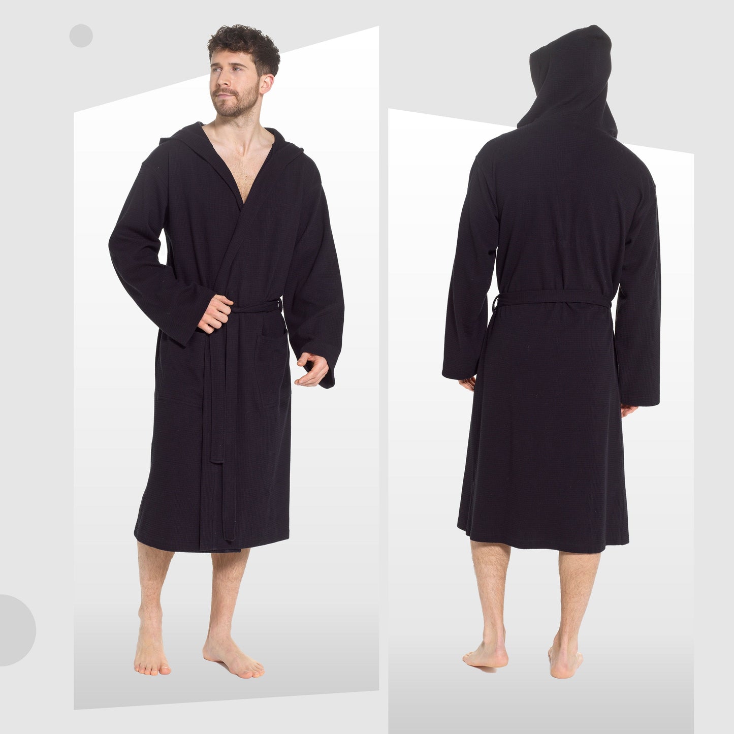 OLIVIA ROCCO Men's Hooded Waffle Cotton Bathrobe Black Super Absorbent Spa Robe Luxury Dressing Gown For Home And Loungewear