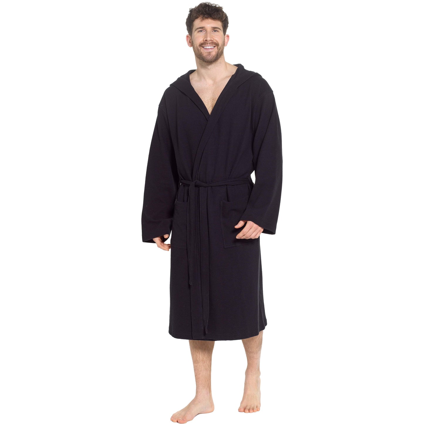 OLIVIA ROCCO Men's Hooded Waffle Cotton Bathrobe Black Super Absorbent Spa Robe Luxury Dressing Gown For Home And Loungewear