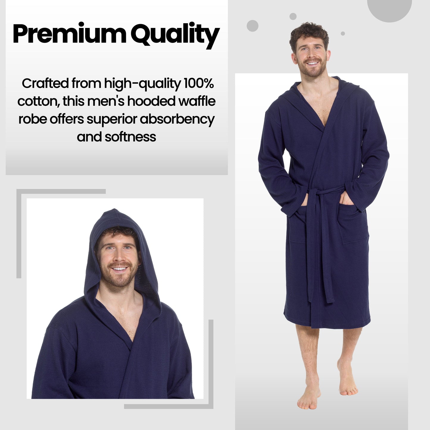 OLIVIA ROCCO Men's Hooded Waffle Cotton Bathrobe Navy, Super Absorbent Spa Robe, Luxury Dressing Gown For Home And Loungewear