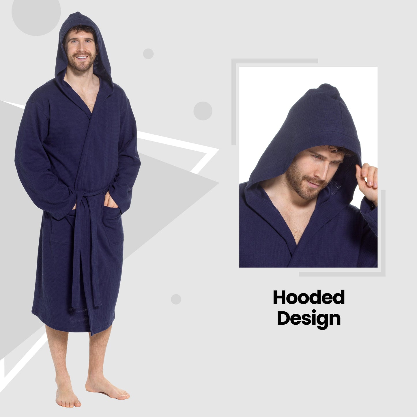 OLIVIA ROCCO Men's Hooded Waffle Cotton Bathrobe Navy, Super Absorbent Spa Robe, Luxury Dressing Gown For Home And Loungewear