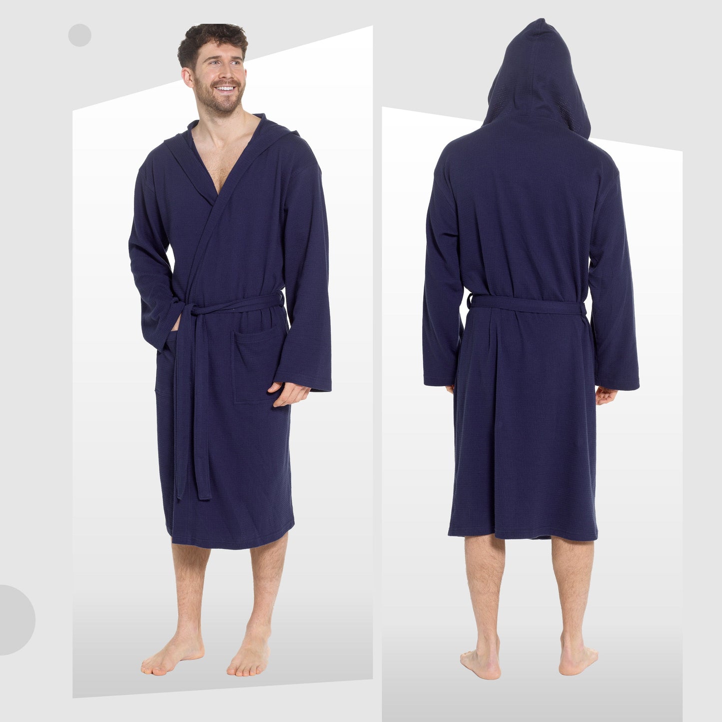 OLIVIA ROCCO Men's Hooded Waffle Cotton Bathrobe Navy, Super Absorbent Spa Robe, Luxury Dressing Gown For Home And Loungewear