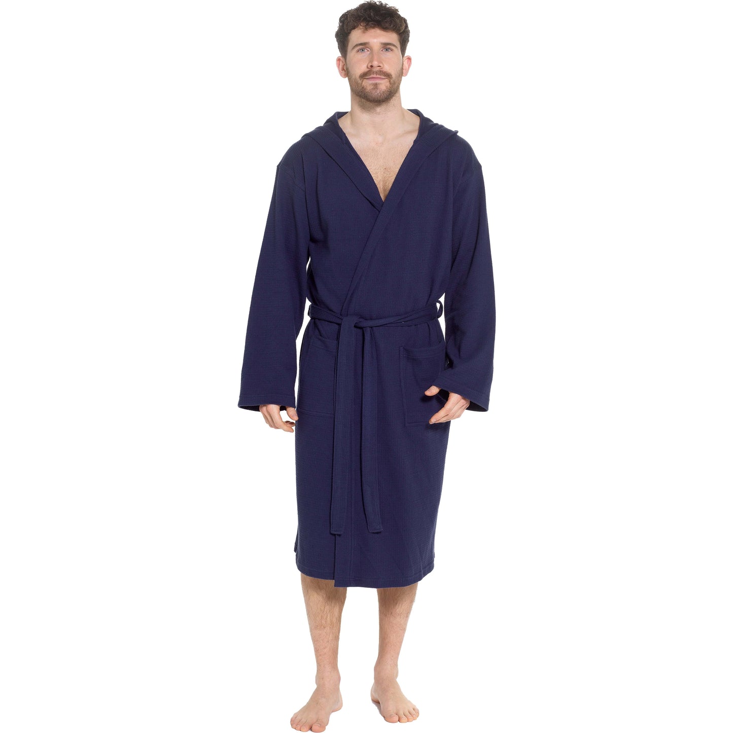 OLIVIA ROCCO Men's Hooded Waffle Cotton Bathrobe Navy, Super Absorbent Spa Robe, Luxury Dressing Gown For Home And Loungewear