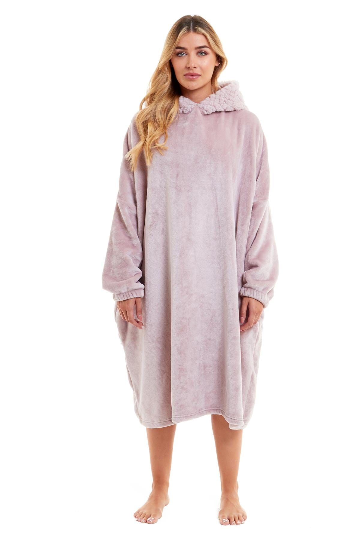 OLIVIA ROCCO Oversized Plush Hooded Poncho Blanket With Ultra-Soft Fur Hood, Double Pocket, Pink And Grey Ideal For Cold Evenings And Lounging At Home