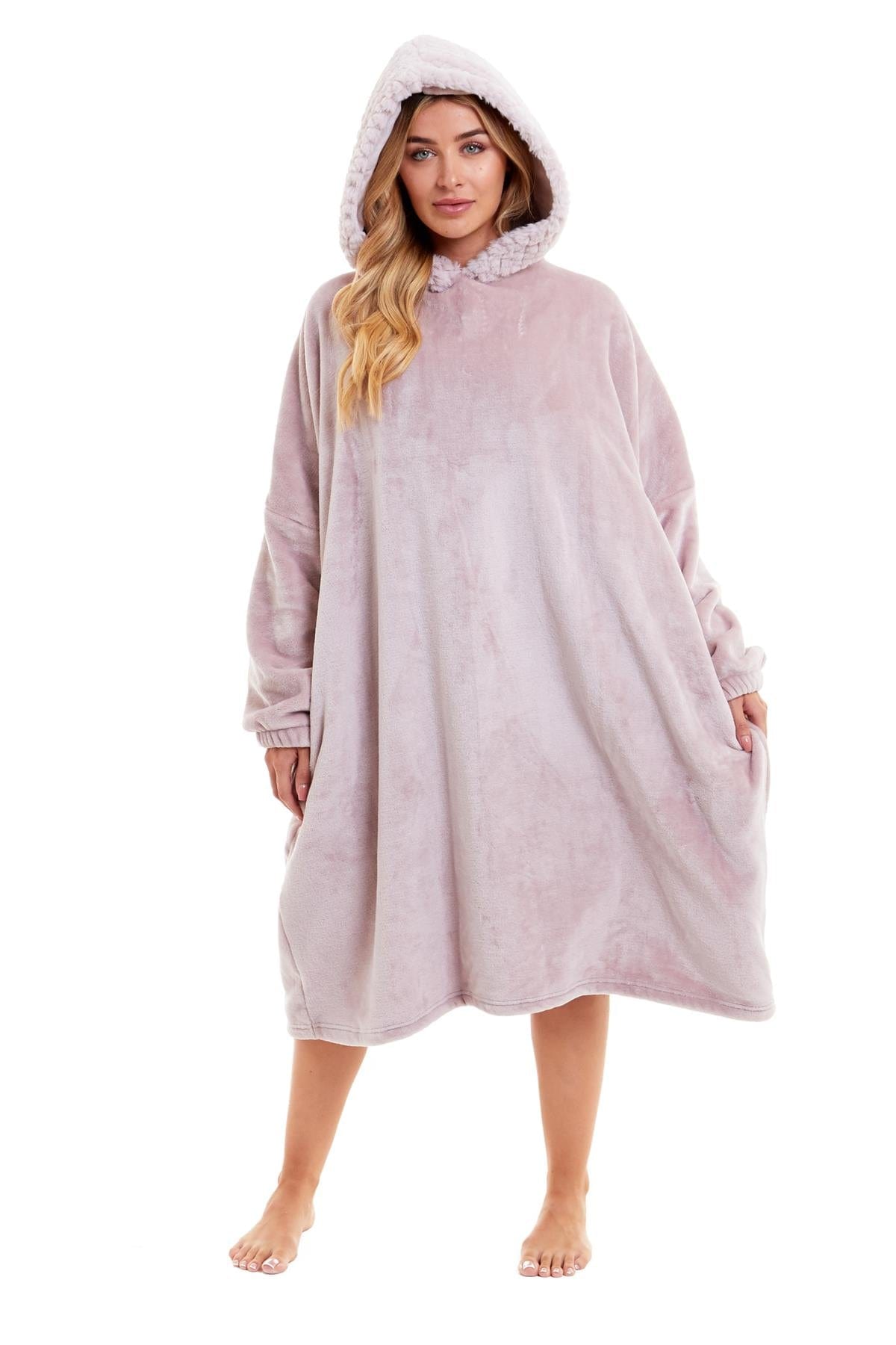 OLIVIA ROCCO Oversized Plush Hooded Poncho Blanket With Ultra-Soft Fur Hood, Double Pocket, Pink And Grey Ideal For Cold Evenings And Lounging At Home