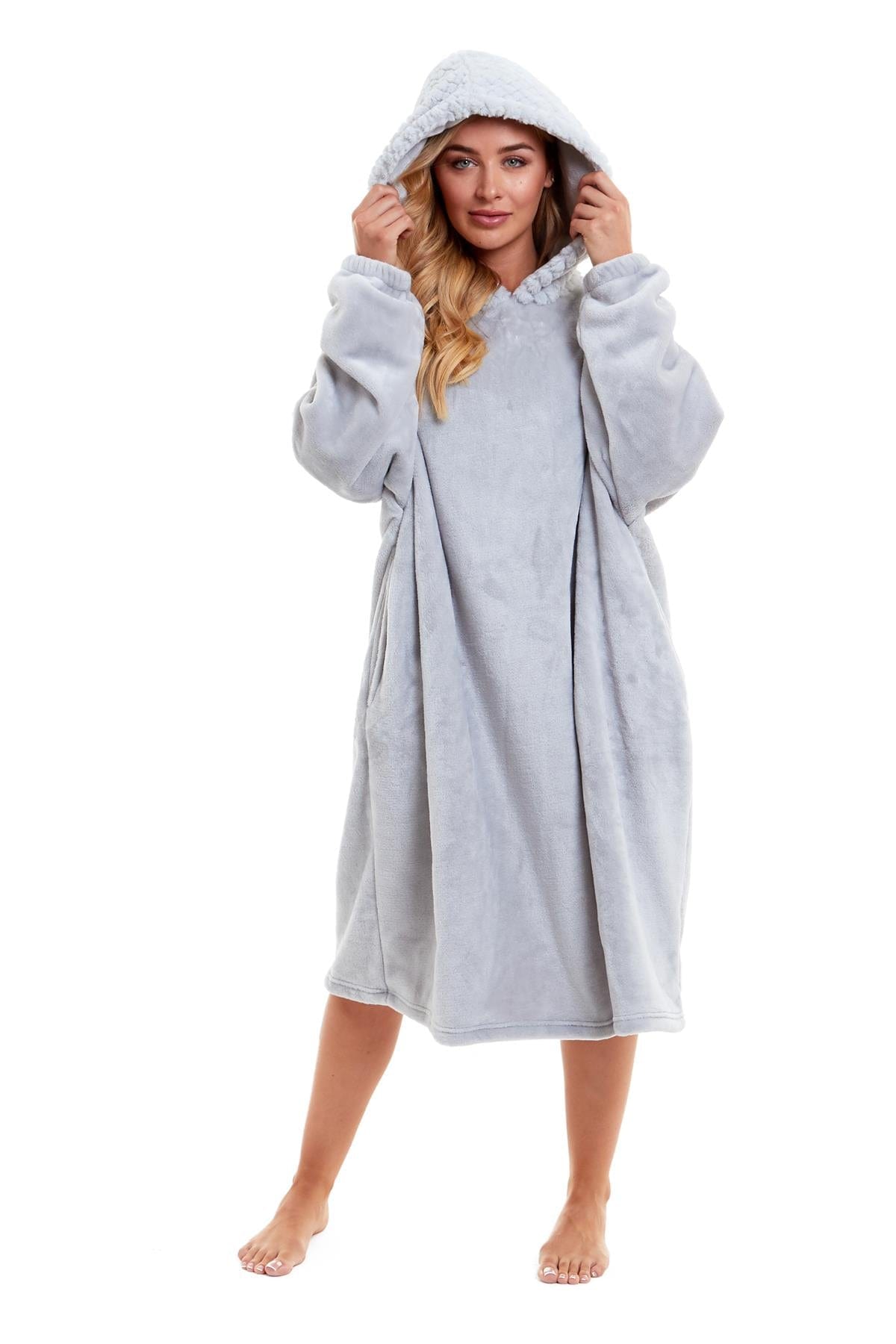 OLIVIA ROCCO Oversized Plush Hooded Poncho Blanket With Ultra-Soft Fur Hood, Double Pocket, Pink And Grey Ideal For Cold Evenings And Lounging At Home