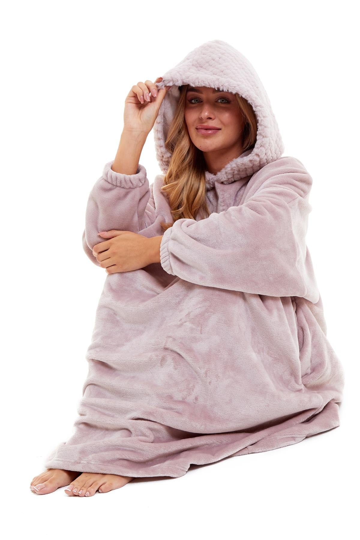 OLIVIA ROCCO Oversized Plush Hooded Poncho Blanket With Ultra-Soft Fur Hood, Double Pocket, Pink And Grey Ideal For Cold Evenings And Lounging At Home