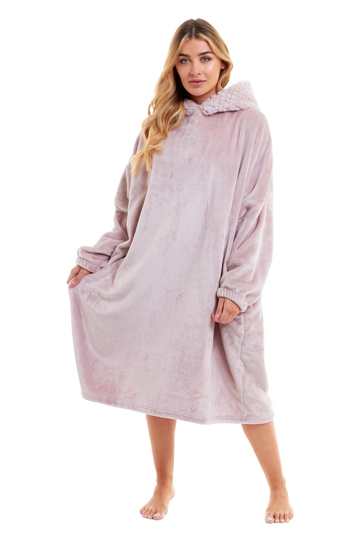 OLIVIA ROCCO Oversized Plush Hooded Poncho Blanket With Ultra-Soft Fur Hood, Double Pocket, Pink And Grey Ideal For Cold Evenings And Lounging At Home