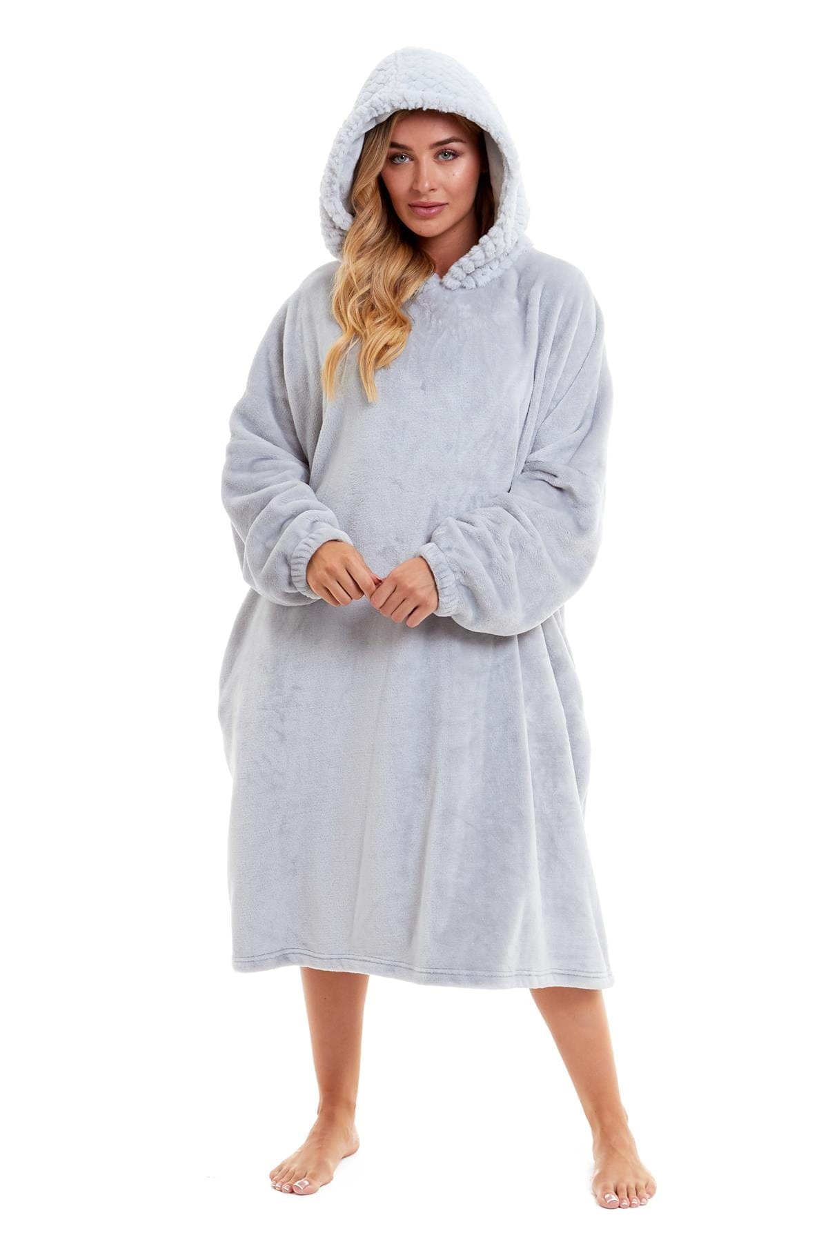 OLIVIA ROCCO Oversized Plush Hooded Poncho Blanket With Ultra-Soft Fur Hood, Double Pocket, Pink And Grey Ideal For Cold Evenings And Lounging At Home