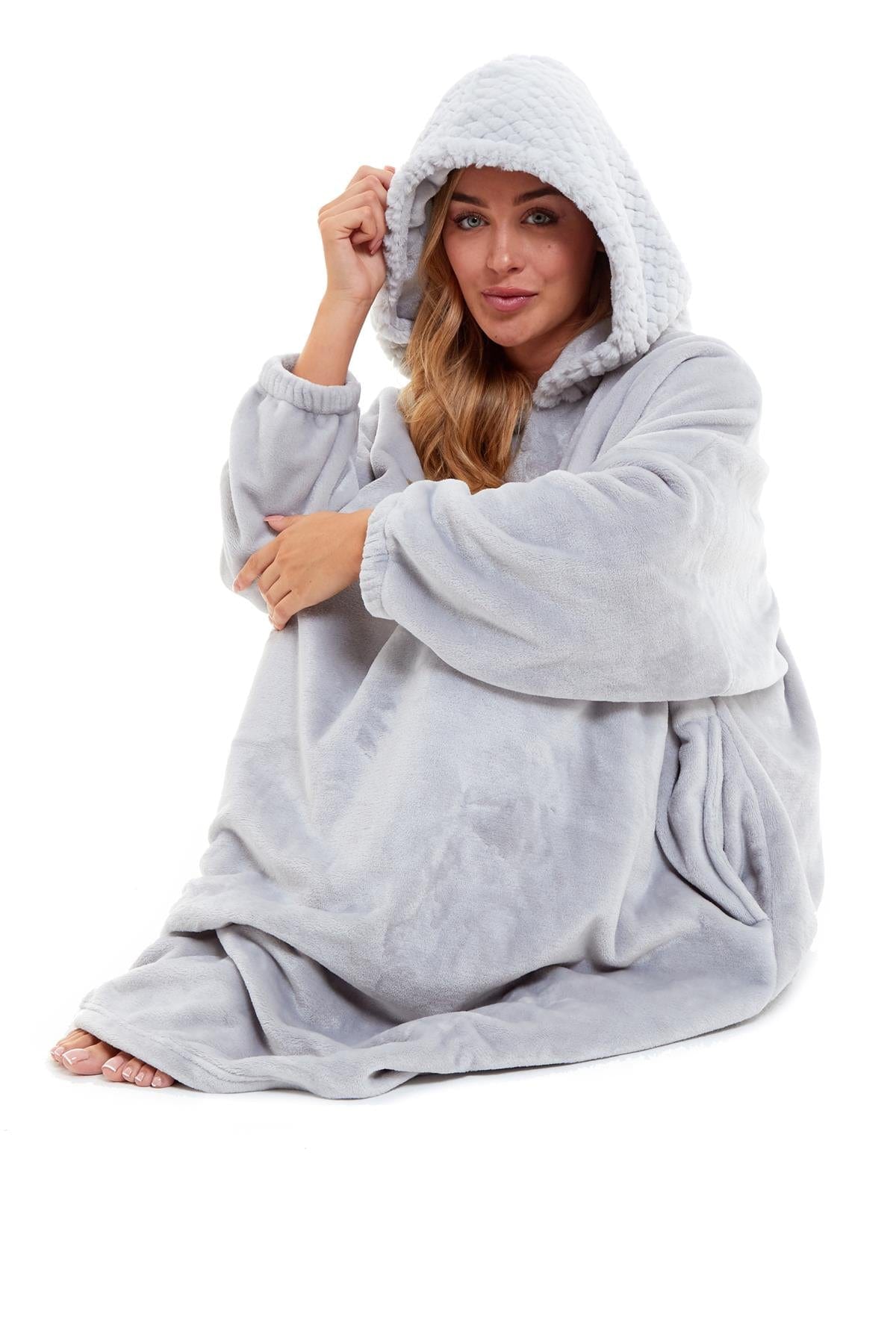 OLIVIA ROCCO Oversized Plush Hooded Poncho Blanket With Ultra-Soft Fur Hood, Double Pocket, Pink And Grey Ideal For Cold Evenings And Lounging At Home