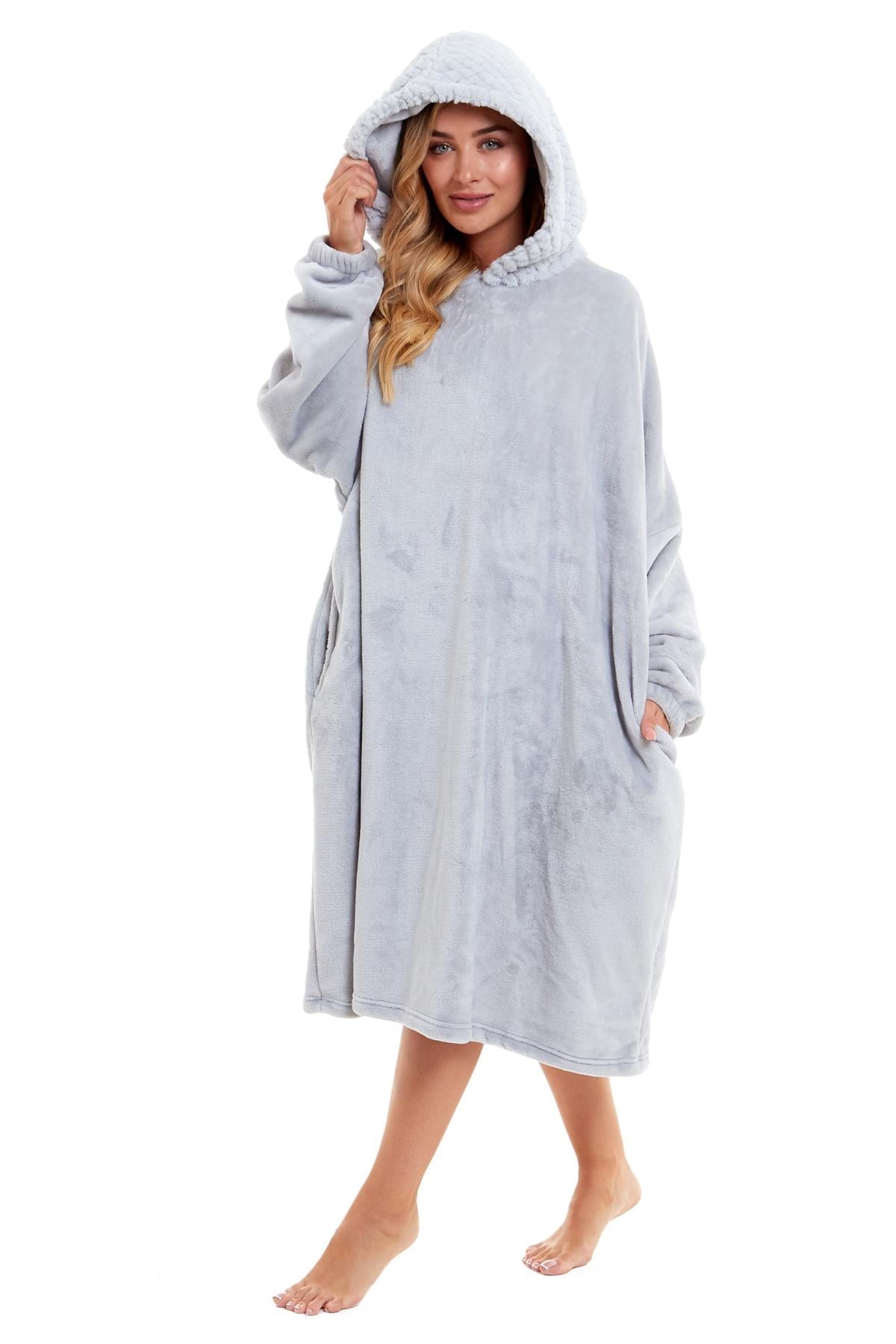 OLIVIA ROCCO Oversized Plush Hooded Poncho Blanket With Ultra-Soft Fur Hood, Double Pocket, Pink And Grey Ideal For Cold Evenings And Lounging At Home