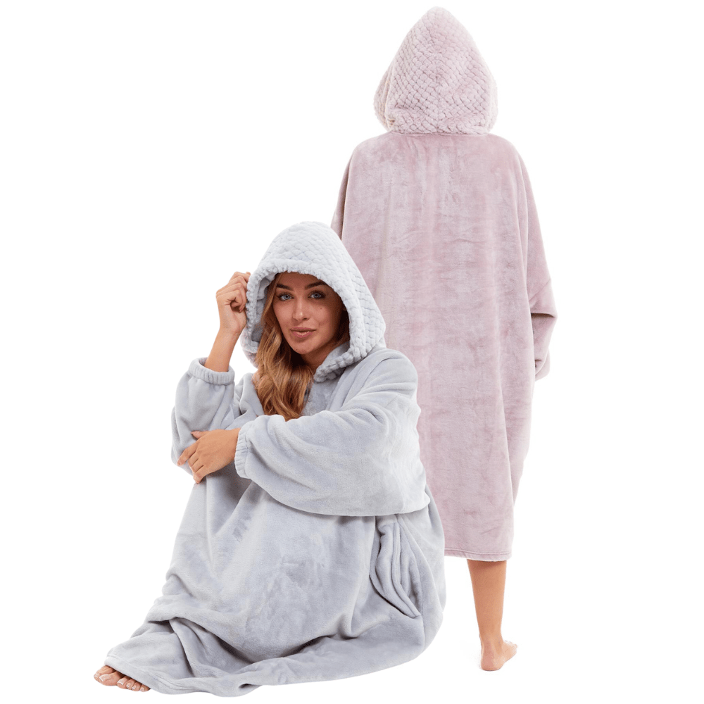 OLIVIA ROCCO Oversized Plush Hooded Poncho Blanket With Ultra-Soft Fur Hood, Double Pocket, Pink And Grey Ideal For Cold Evenings And Lounging At Home