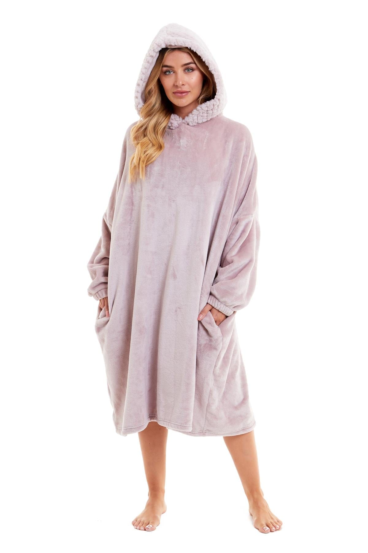 OLIVIA ROCCO Oversized Plush Hooded Poncho Blanket With Ultra-Soft Fur Hood, Double Pocket, Pink And Grey Ideal For Cold Evenings And Lounging At Home