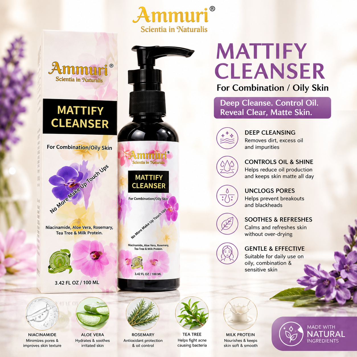 Mattifying Facial Cleanser for Oily & Combination Skin (100ml) | Ammuri
