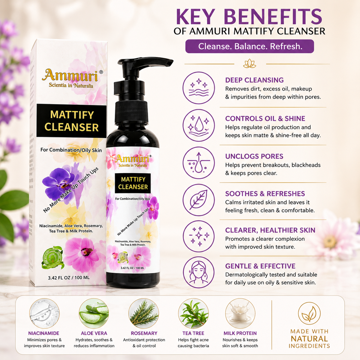 Mattifying Facial Cleanser for Oily & Combination Skin (100ml) | Ammuri