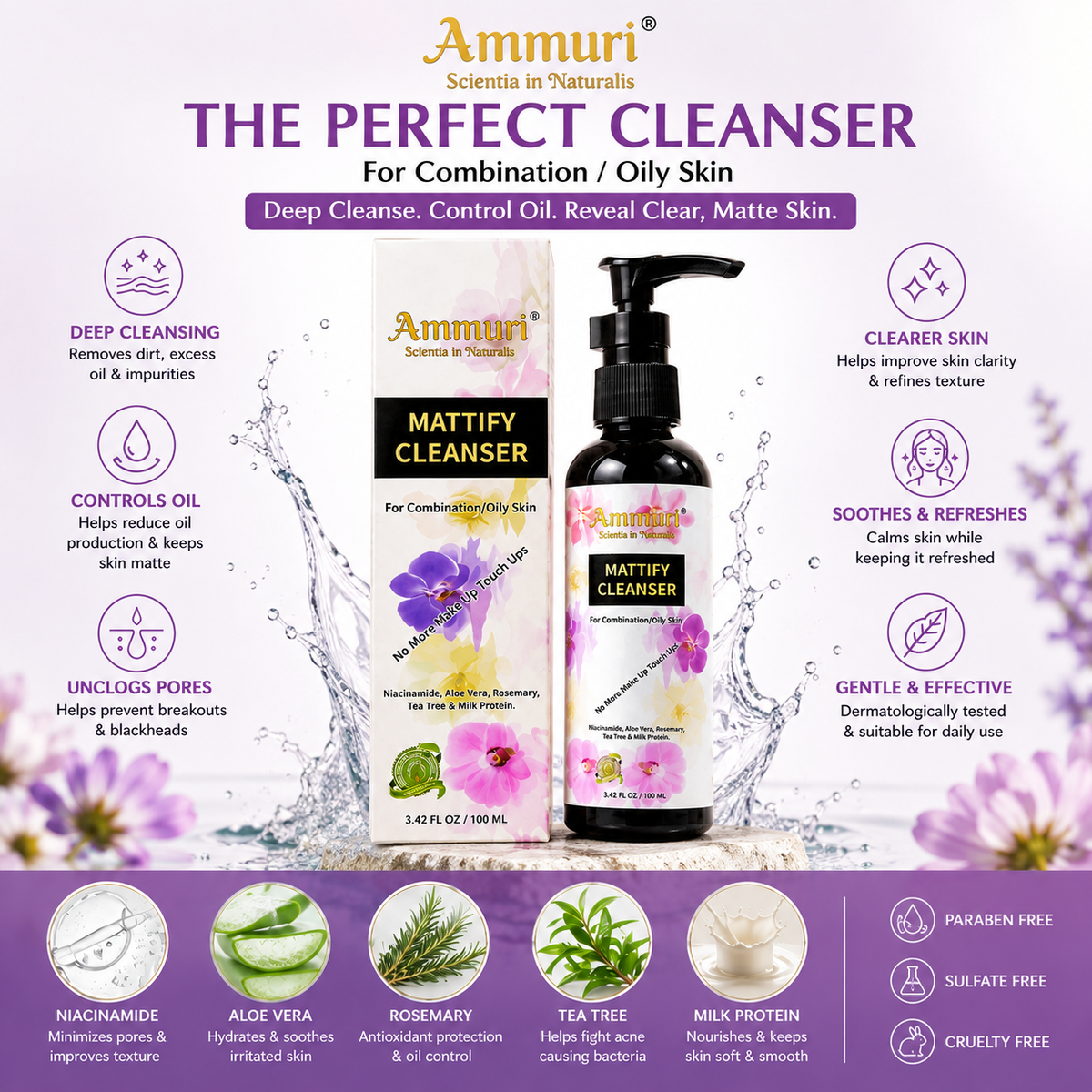 Mattifying Facial Cleanser for Oily & Combination Skin (100ml) | Ammuri