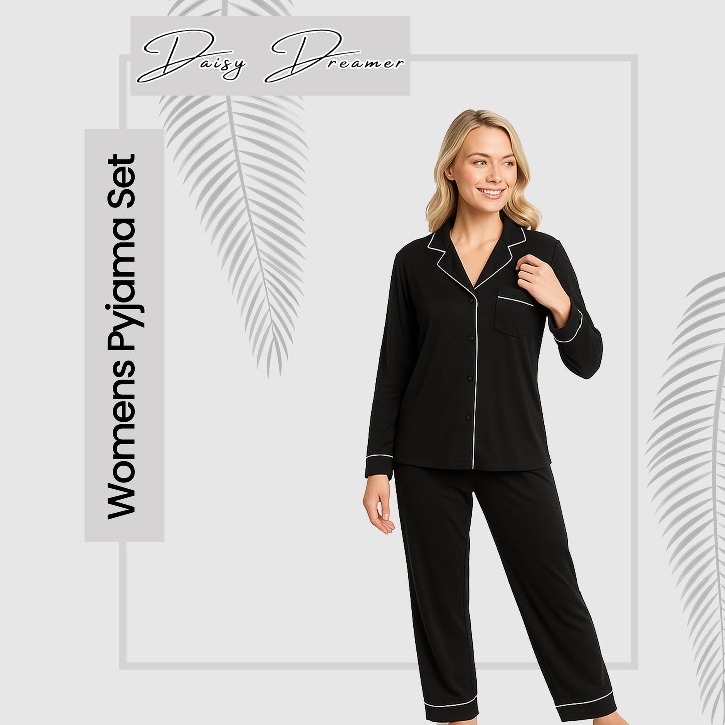Women's Black Pyjama Set Soft Touch Long Sleeve Button-Up Top & Bottoms Two-Piece Nightwear by Daisy Dreamer