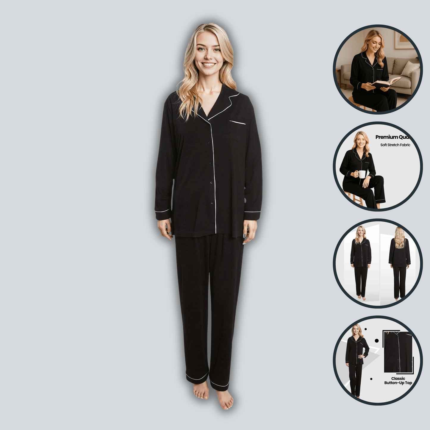 Women's Black Pyjama Set Soft Touch Long Sleeve Button-Up Top & Bottoms Two-Piece Nightwear by Daisy Dreamer