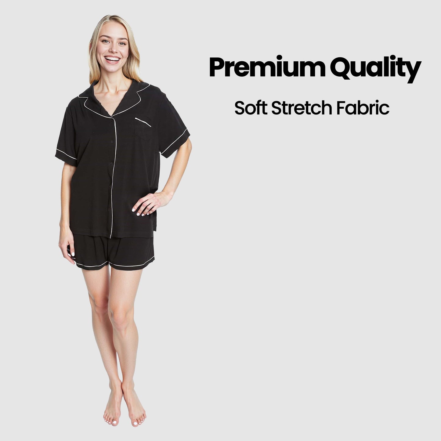 Women's Black Short Pyjama Set Super Soft Sleepwear Nightwear Button Up Top and Shorts with Pockets PJs by Daisy Dreamer