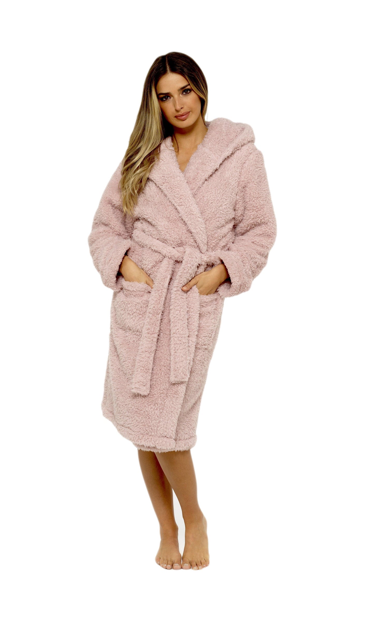 Women's Dusky Pink Teddy Fleece Hooded Robe with Sherpa Lining Ultra-Soft Cosy Dressing Gown for Winter Lounging Various Sizes by Daisy Dreamer