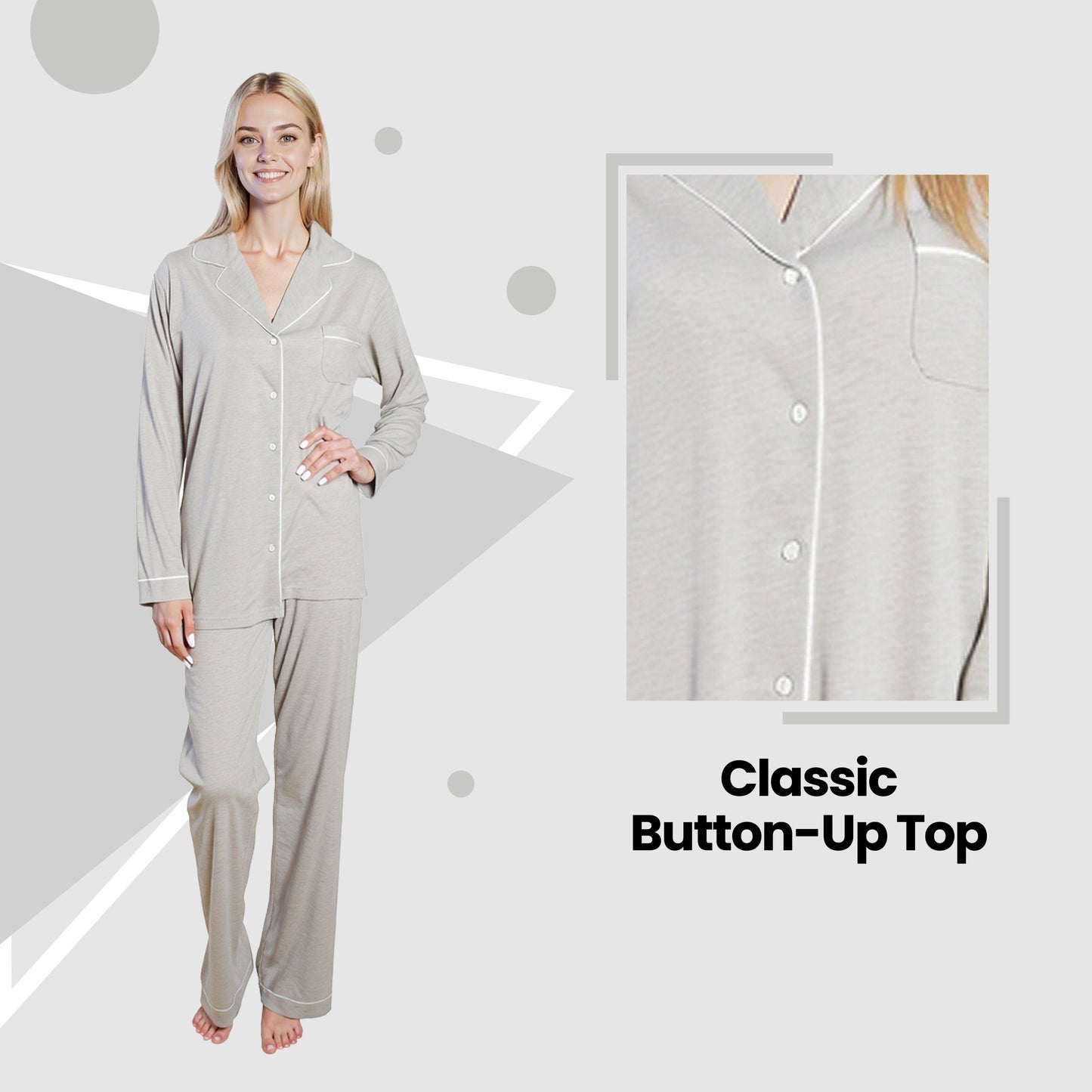 Women's Grey Pyjama Set Soft Touch Long Sleeve Button-Up Top & Bottoms Two-Piece Nightwear by Daisy Dreamer