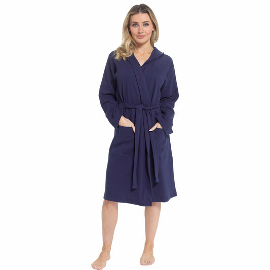 Women's Hooded Waffle Cotton Bathrobe Navy Super Absorbent Spa Dressing Gown for Home Lounge & Travel by Daisy Dreamer