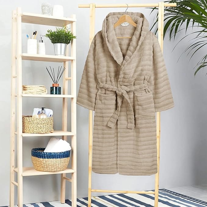 Women's Hydro Ribbed Ultra Soft 100% Cotton Hooded Bath Robes with Pockets and Belt Luxury Terry Towelling Loungewear Sleepwear in White and Grey by OLIVIA ROCCO