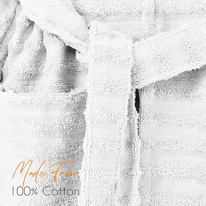 OLIVIA ROCCO Hydro Ribbed Ultra Soft 100 Percent Cotton Hooded Bath Robe With Pockets And Belt White And Grey Luxury Terry Towelling Loungewear