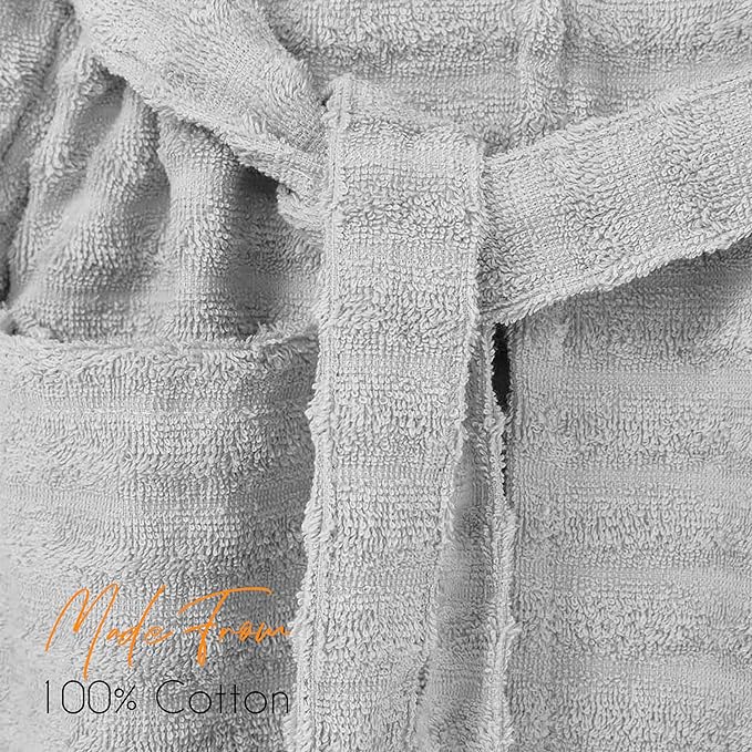 OLIVIA ROCCO Hydro Ribbed Ultra Soft 100 Percent Cotton Hooded Bath Robe With Pockets And Belt White And Grey Luxury Terry Towelling Loungewear