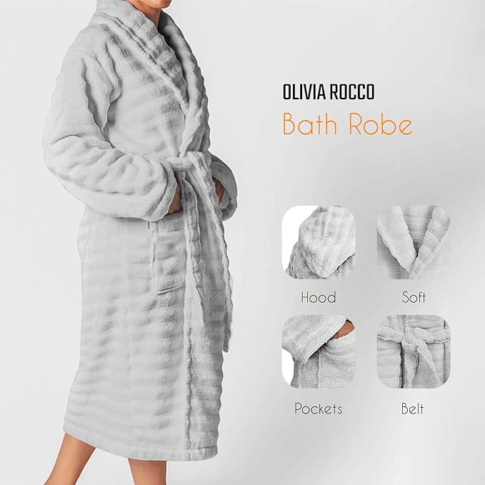 OLIVIA ROCCO Hydro Ribbed Ultra Soft 100 Percent Cotton Hooded Bath Robe With Pockets And Belt White And Grey Luxury Terry Towelling Loungewear