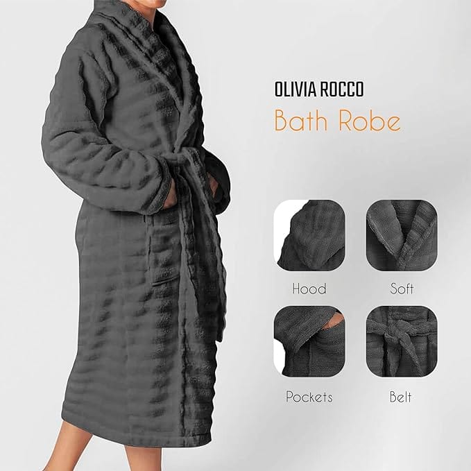 Women's Hydro Ribbed Ultra Soft 100% Cotton Hooded Bath Robes with Pockets and Belt Luxury Terry Towelling Loungewear Sleepwear in White and Grey by OLIVIA ROCCO