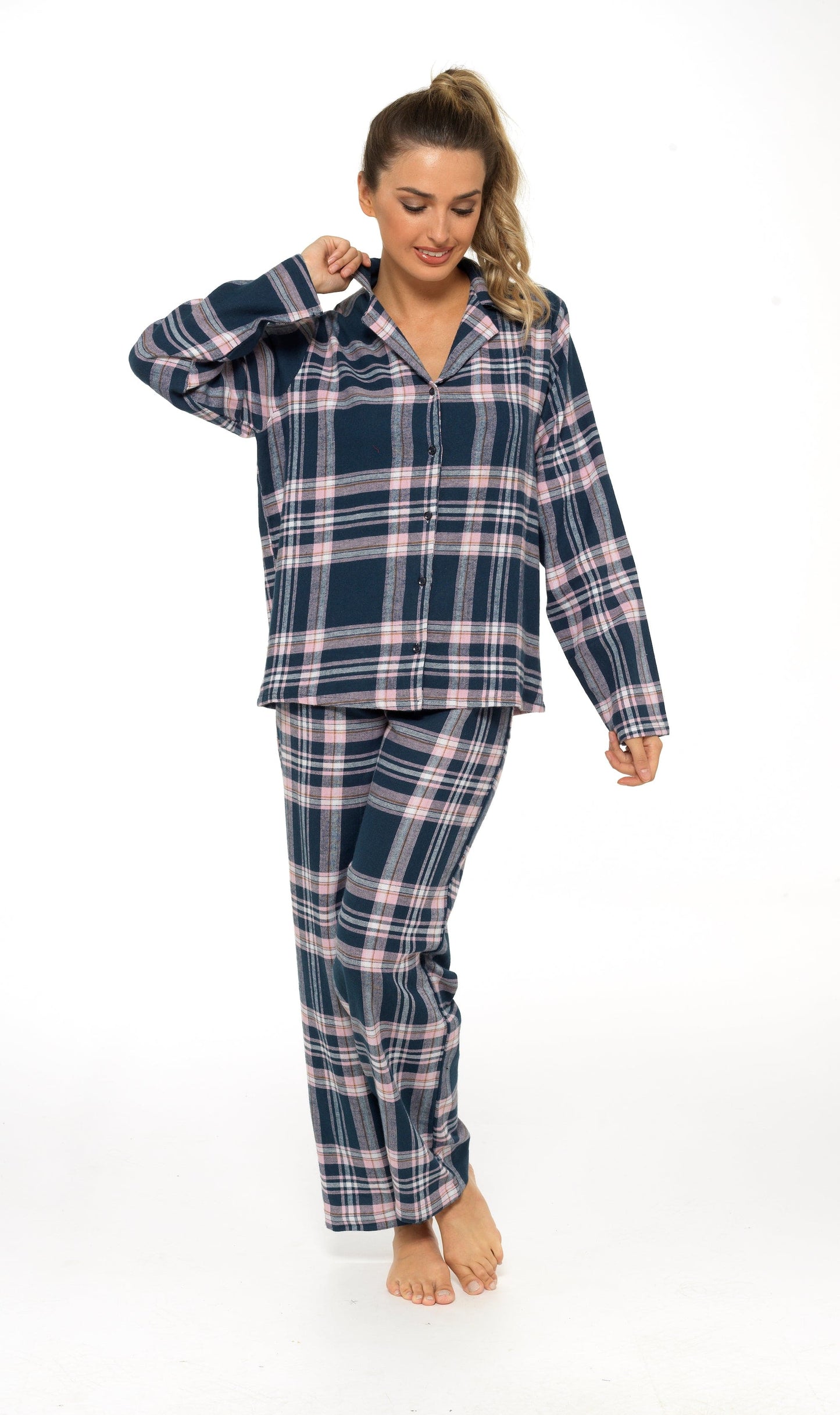 Women's Soft Cotton Flannelette Check Pyjama Set with Elasticated Waistband Cosy Warm Nightwear PJs Classic Check Pattern Sleepwear UK Sizes 8-22 by Daisy Dreamer