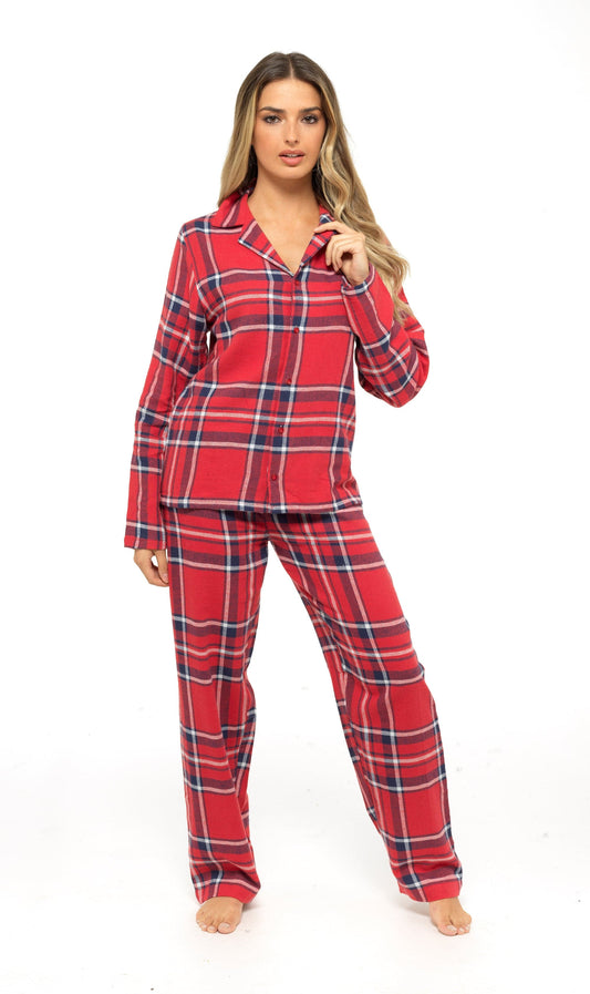 Women's Soft Cotton Flannelette Check Pyjama Set with Elasticated Waistband Cosy Warm Nightwear PJs Classic Check Pattern Sleepwear UK Sizes 8-22 by Daisy Dreamer