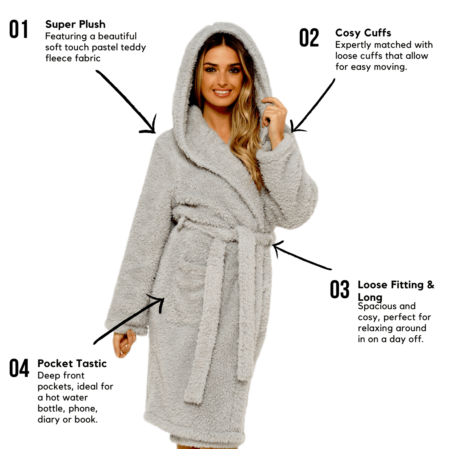 Women's Soft Grey Teddy Fleece Hooded Robe Ultra-Soft Sherpa Lined Cozy Nightwear Warm Dressing Gown by Daisy Dreamer