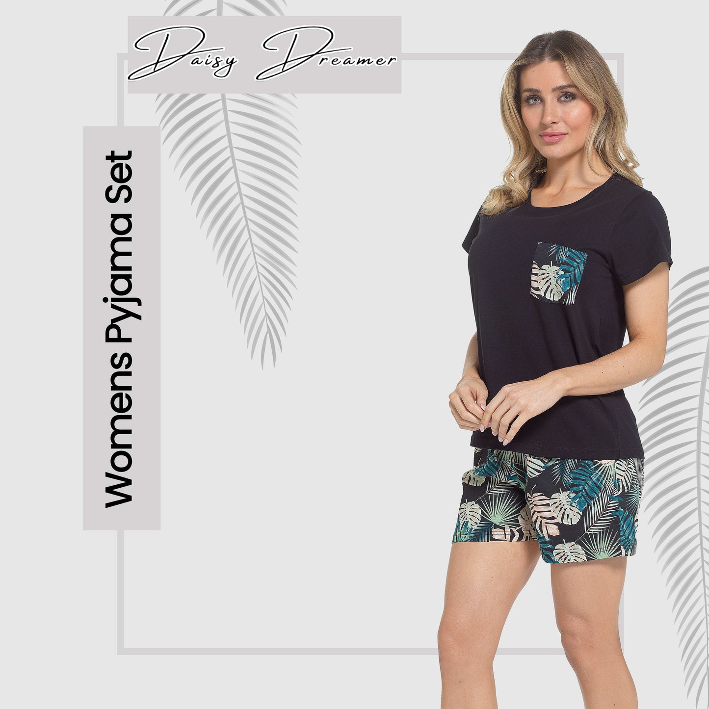 Women's Tropical Pyjama Set T-Shirt & Shorts PJs Soft Cotton Loungewear Summer Holiday Sleepwear by Daisy Dreamer
